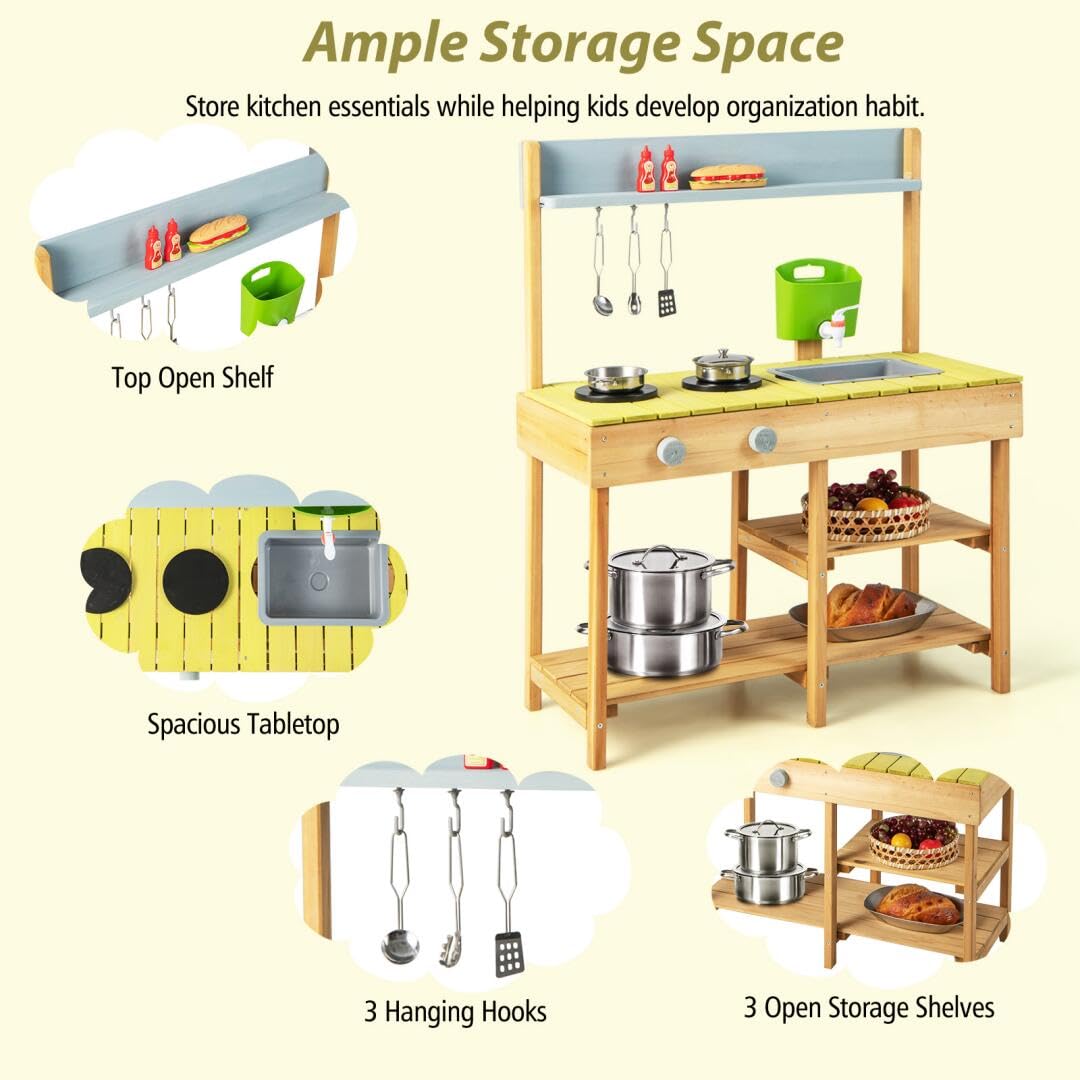 HOMASIS Cucina per Bambini in Legno, Cucinetta con Serbatoio dell'Acqua, Cucina Giocattolo con Effetti Sonori, Cucina da Giardino per Bambini dai 3+ Anni (Modello 1)