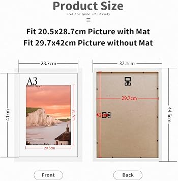 A3 Picture Frames, Wooden Photo Frames, Poster Frames For Wall, Bedroom, Living Room, 42×29.7cm Frame with Mount and Plexiglass For Wall Mount Vertically or Horizontally, White, 1 Pack