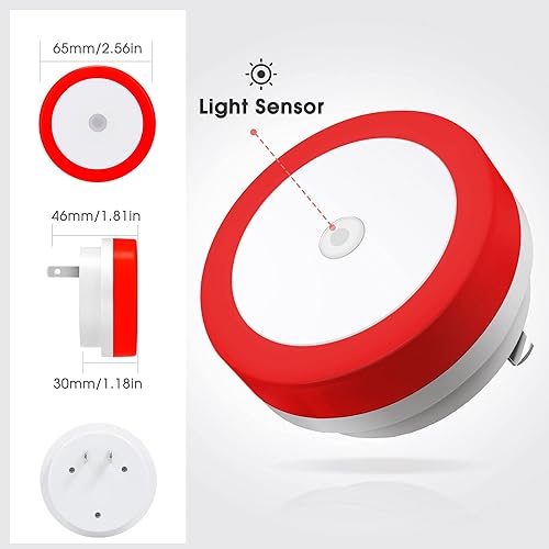 Miniatura 6 de Briignite Paquete de 4 luces nocturnas LED rojas, sensor de atardecer a amanecer, enchufable, 60 lúmenes, 0.6 W, plástico ABS, perfecto para