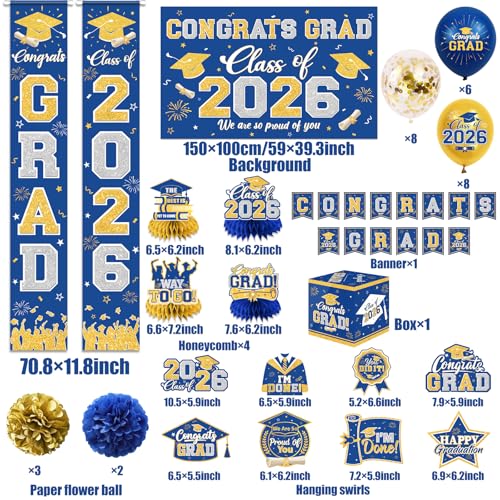 Image of Graduation Decorations Class of 2026 Blue and Gold Graduation Decorations with Congrats Grad Banner,Backdrop,Porch Sign,Balloons,Hanging Swirls,Honeycomb Centerpieces,Box for Graduation Party Supplies
