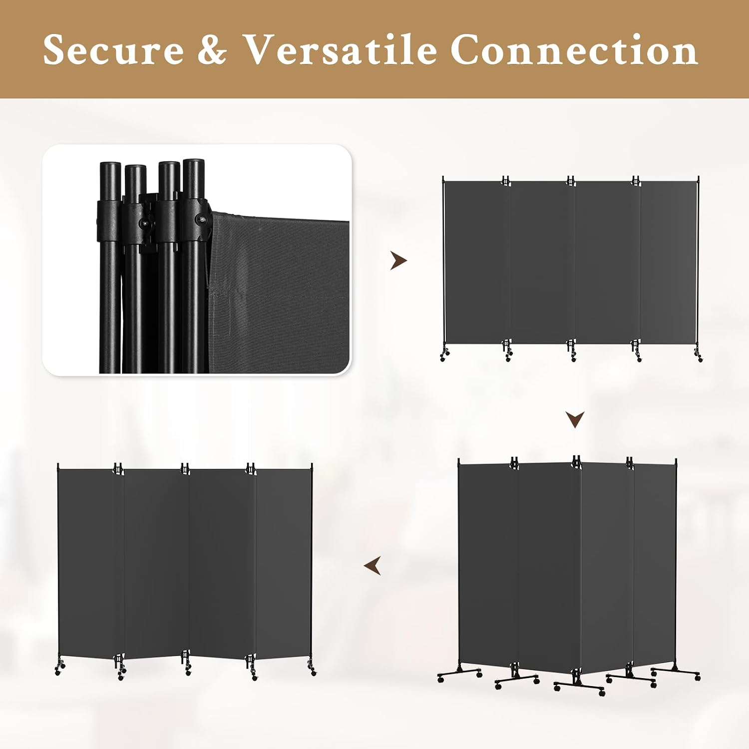 Kokorona 4 Panel Room Divider, 6FT Tall Folding Privacy Screen with Lockable Wheels, Partition Wall Divider for Room Separation, Freestanding Room Partition No-Gap Design, 97''W x 72''H, Grey