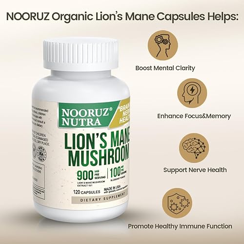 Miniatura 5 de Cápsula orgánica de melena de león concentración 101 equivale a 10,000 mg de hongos, mejorada con arándanos para vitalidad, claridad mental y