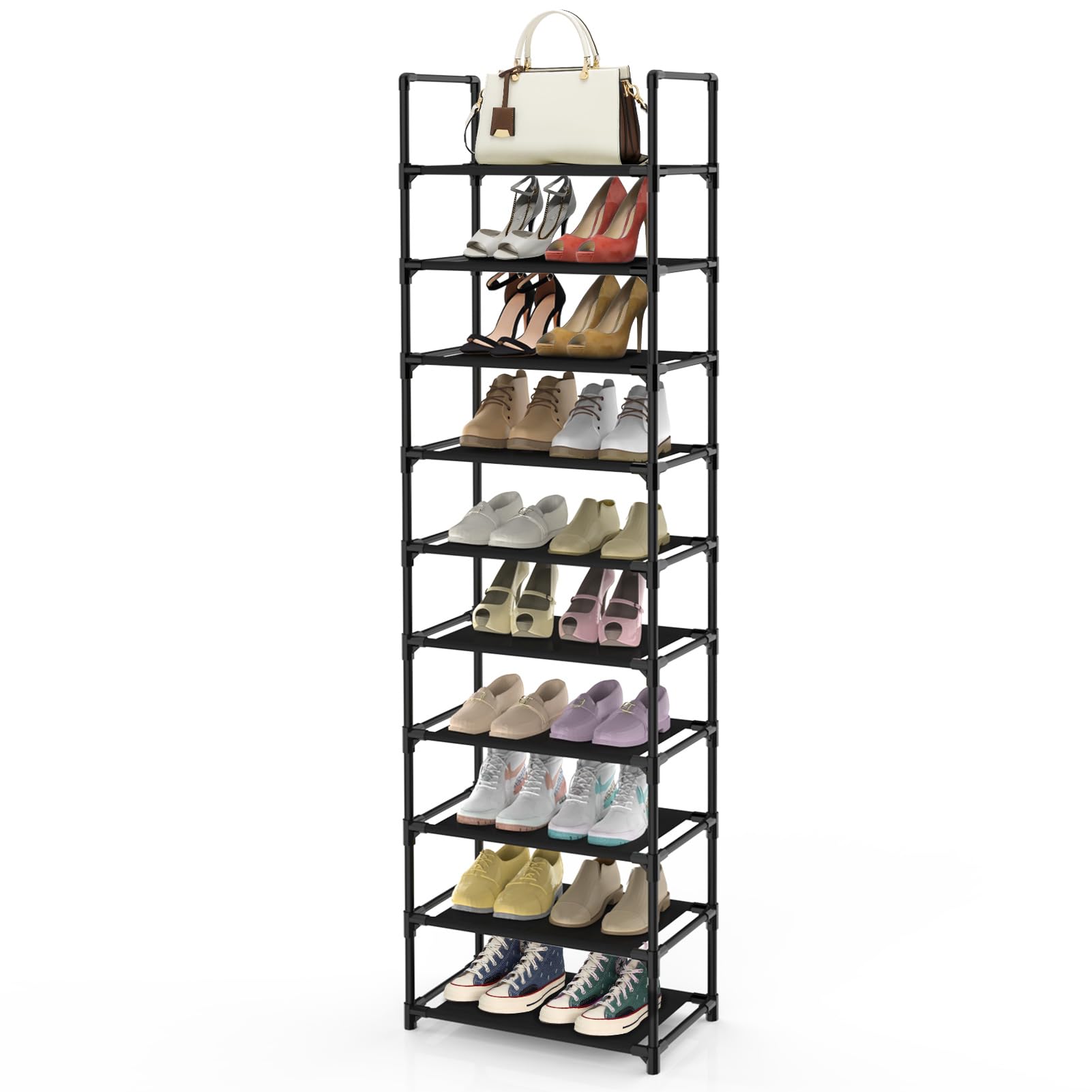 MUOU Scarpiera A 10 Ripiani Da Appendere Alla Porta - Telaio In Metallo E Tessuto A Rete, 50.9x20x150.9 Cm, Capacità 30 Paia, Per Armadio E Ingresso - Nero