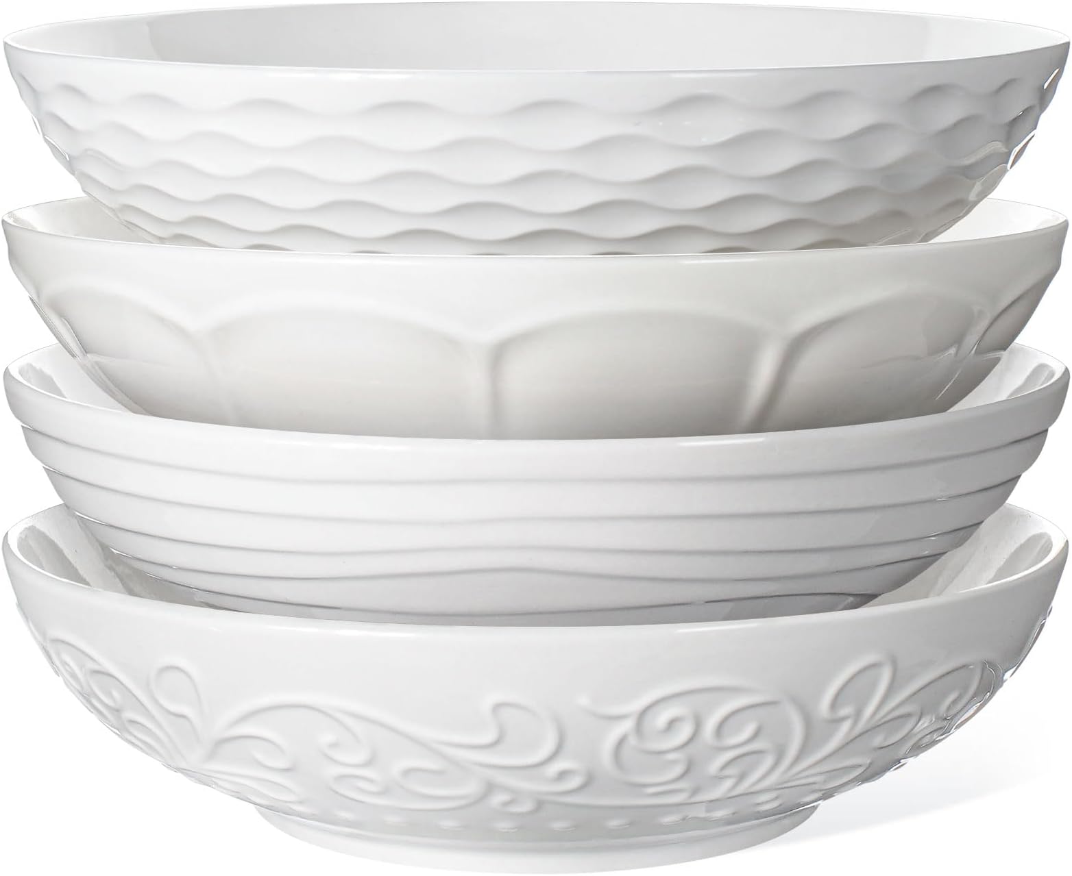 Pasta Bowls 32oz, Ceramic Large Salad Bowls 8 inch, Soup Bowls Set of 4, White Serving Bowls for Entertaining, Wide Shallow Dinner Bowls Plates, Microwave Dishwasher Oven Safe, Multiple Pattern