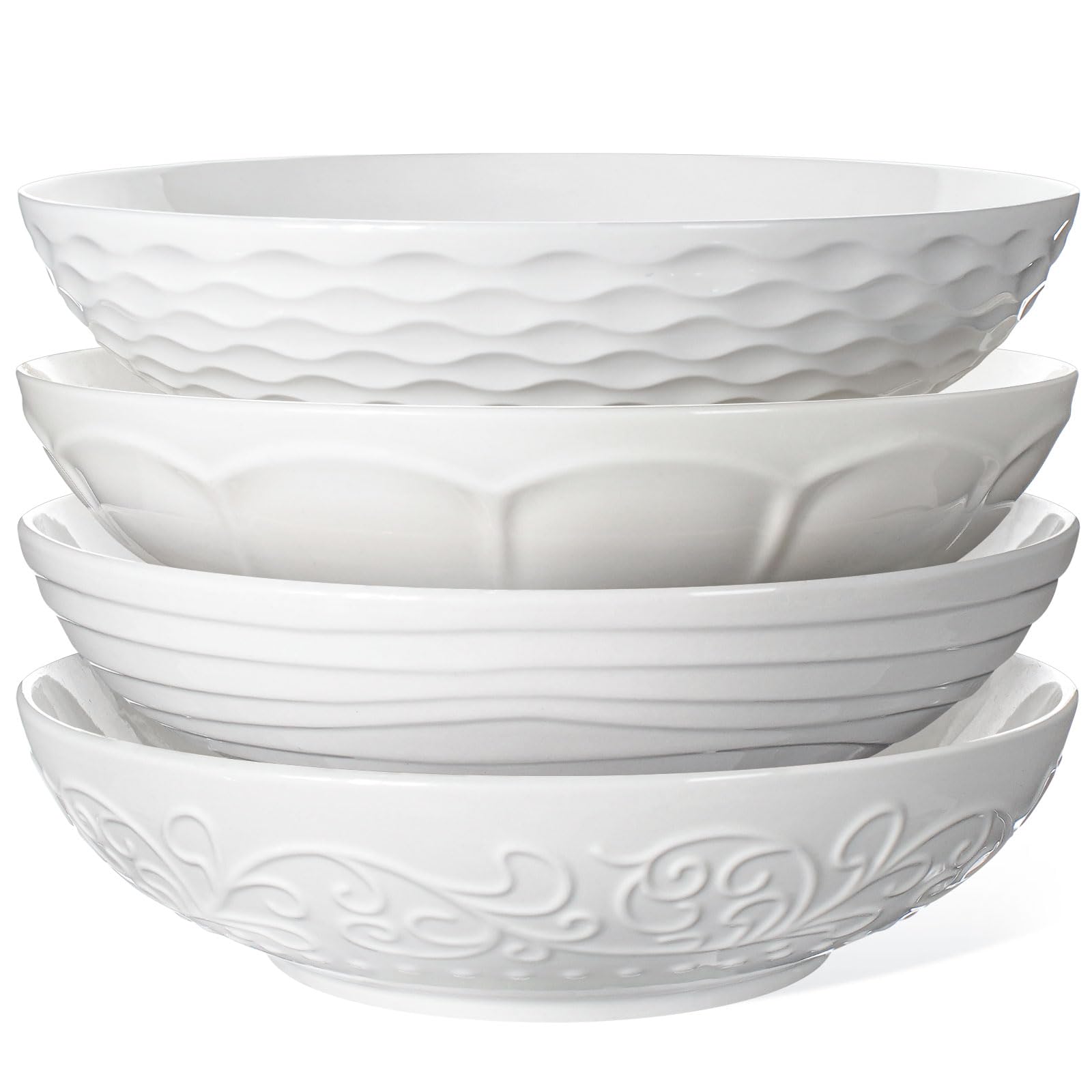 Artena Pasta Bowls 32oz, Ceramic Large Salad Bowls 8 inch, Soup Bowls Set of 4, White Serving Bowls for Entertaining, Wide Shallow Dinner Bowls Plates, Microwave Dishwasher Oven Safe, Multiple Pattern