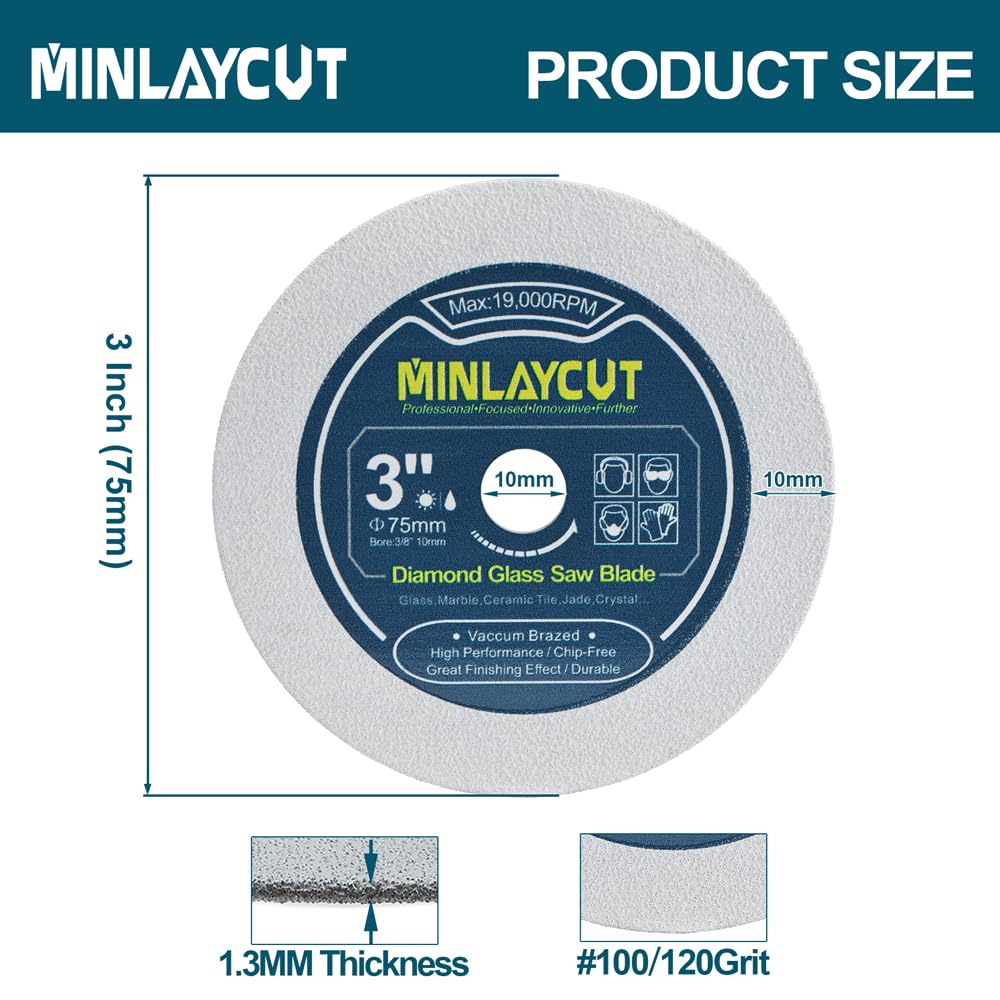 Diamond Glass Cutting Disc - 3pcs 3 inch/75mm Saw Blades and MINLAYCUT Diamond Tile Saw Blade 5" 125mm Cut Off Wheel