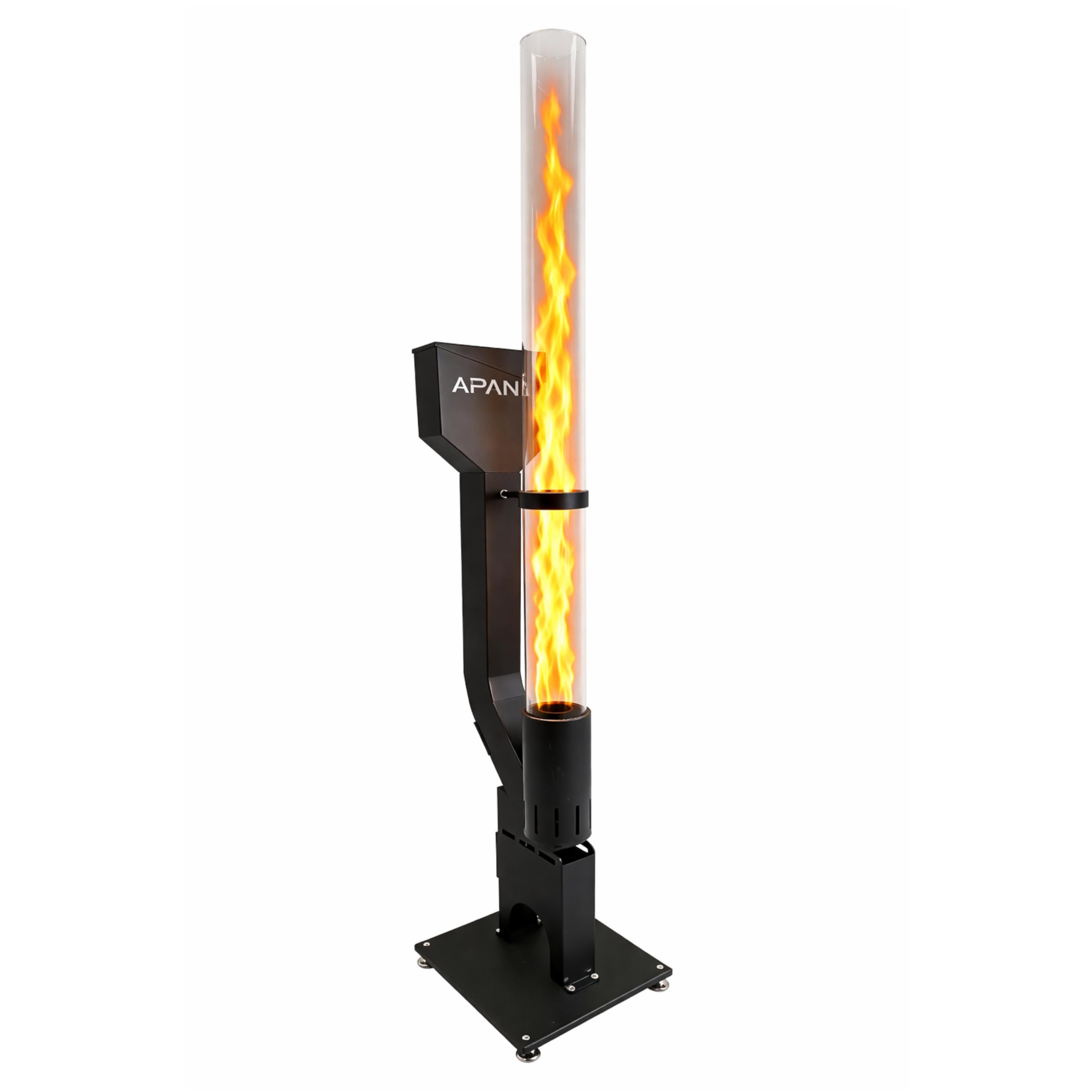 APANA Pelletfackel Flame für Holzpellets Outdoor Feuerfackel Gartenfackel mit hitzebeständiger Glasröhre bis 450°C, Stahl schwarz pulverbeschichtet, Schaufel-Abdeckung für sauberes Befüllen