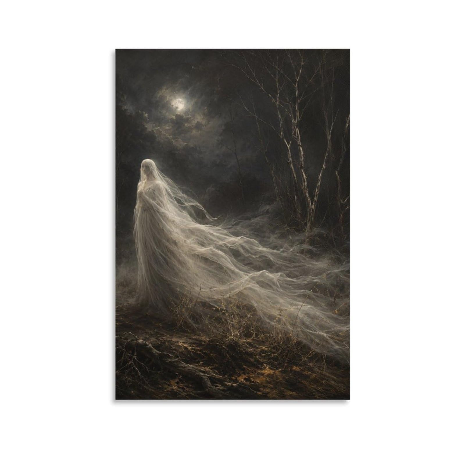 W7C8U2X3 Moonlit Forest Ghost Canvas Wall Art, Gothic Fantasy Wall Art