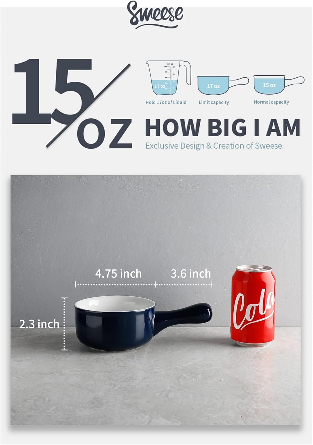  | Sweese 109.103 Porcelain Onion Soup Bowls with Handles - 15 Ounce for Soup, Cereal, Stew, Chill, Set of 4, Navy: Soup Bowls