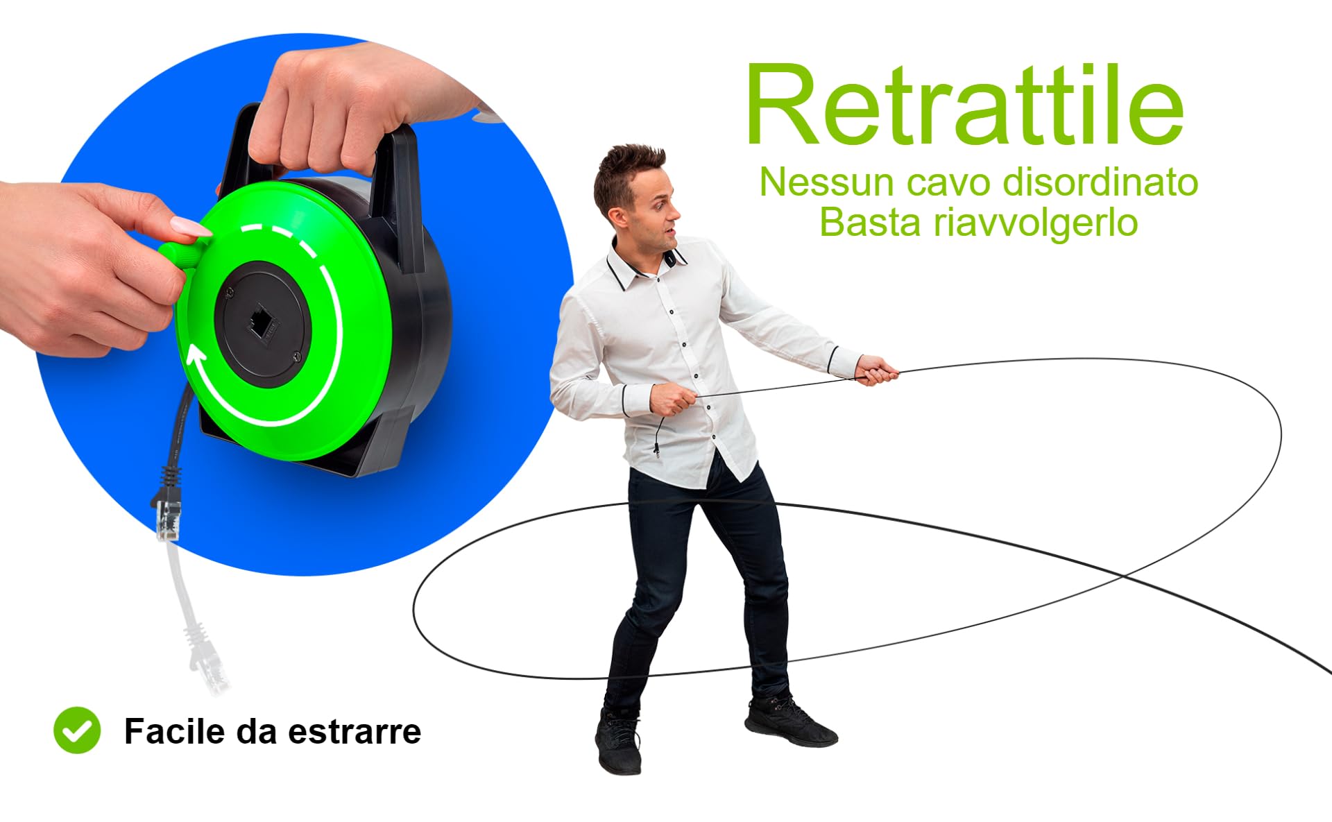 Cavo Ethernet Retrattile CAT6 10m – Cavo Internet Piatto 1Gbps, Portatile, Facile da Installare – Connettore RJ45 Maschio-Femmina UTP