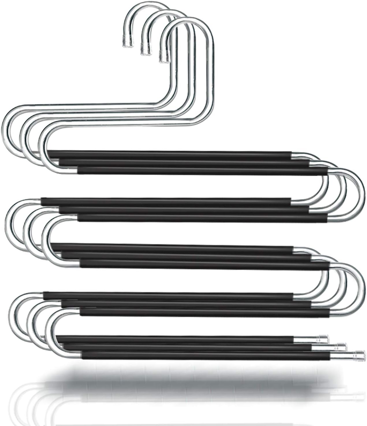 HonTop3 Pack Pants Hangers S-Shape 5 Layers Stainless Steel with Black Silicone Coating Multi Clothes Cascading Pants Hangers Space Saving Clothes Organizer for Jeans Pants Scarf Ties Towels