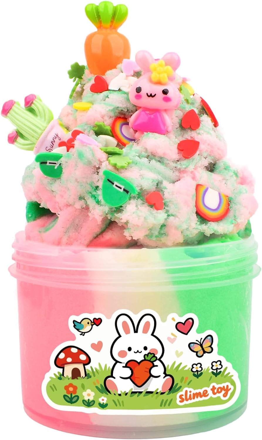 Cloud Slime Rabbit Carrot Cactus Charm, Pink Green White Sludge Slime, Soft Toys Party Favors for Girls and Boys, Goodie Bag Stuffers Birthday Gift Cute Stuff Sensory Toys