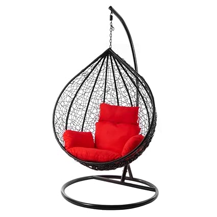 Candid Home Single Seater Swing Chair With Stand&Cushion Outdoor Indoor Balcony Garden Patio,Powder Coated Frame,Uv Protected Wicker,Premium Cushion (Black With Red Cushions), Metal