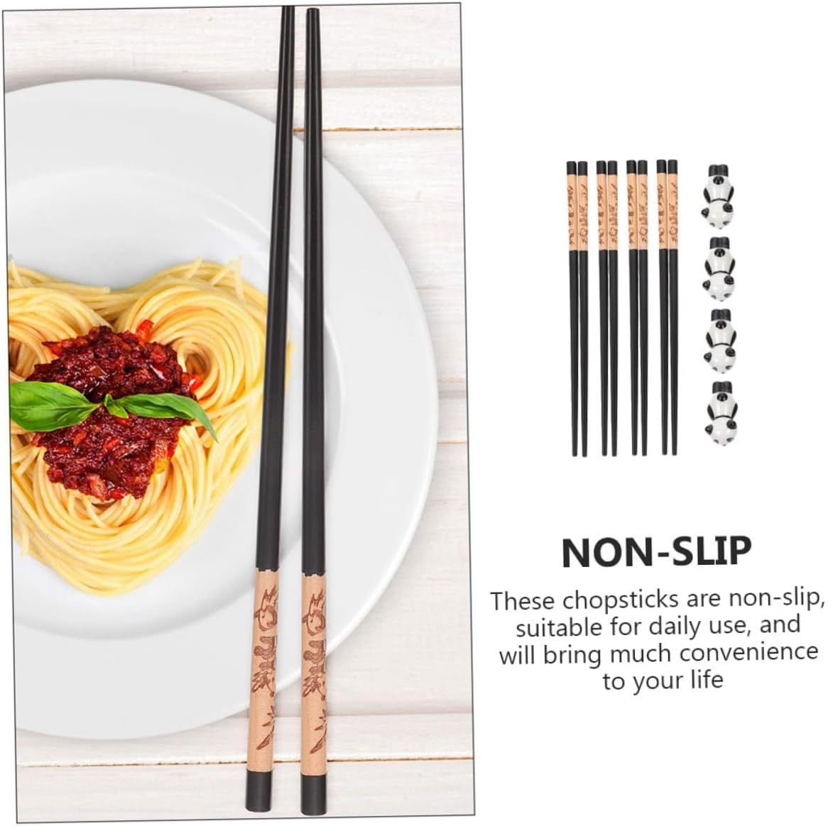 Beavorty Panda Ceramic Chopstick Holders Set with 12pcs Wooden Chopsticks, Dishwasher Safe Heat Insulation Household Tableware for Hot Pot and Home Dining
