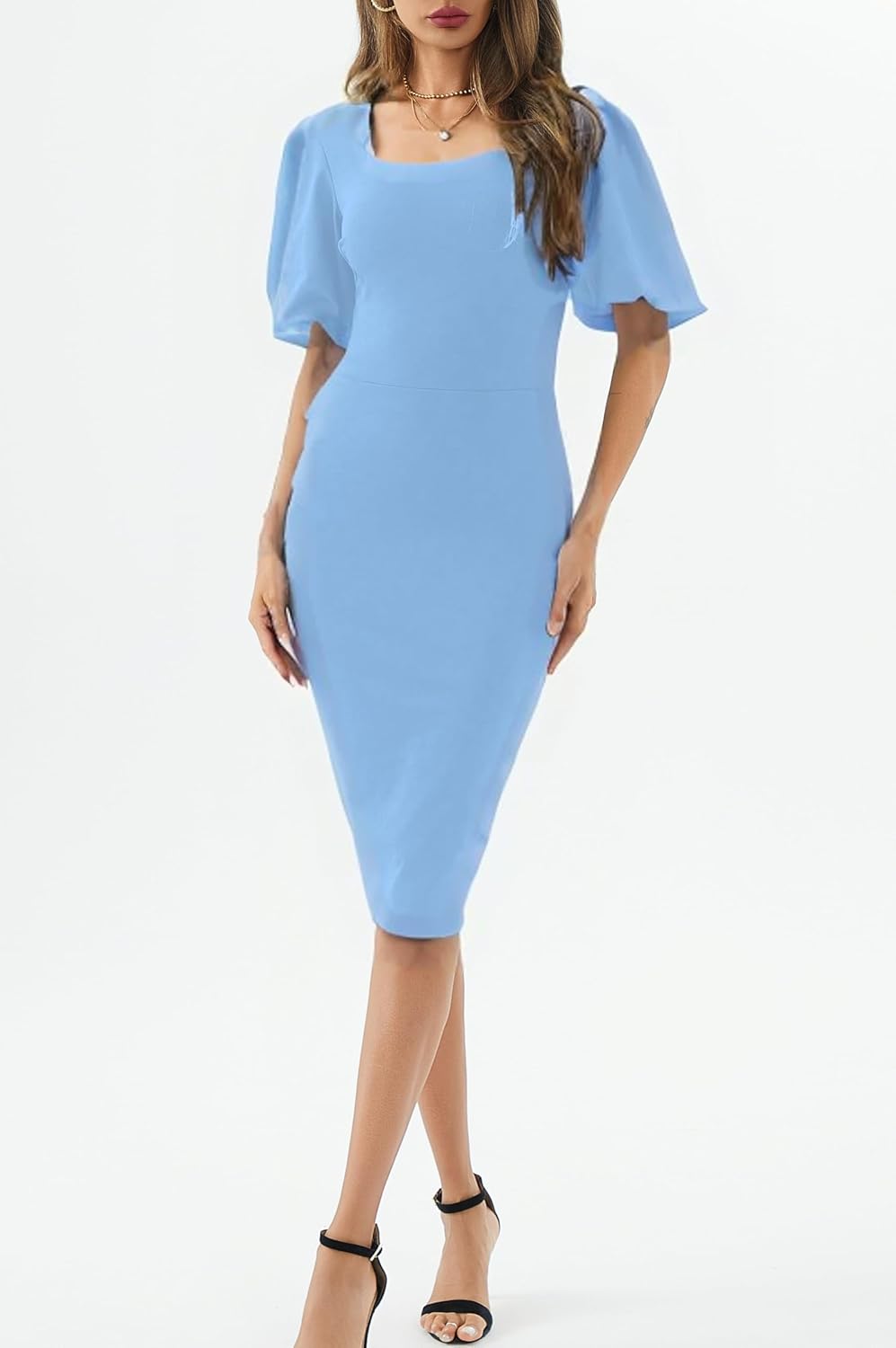 Womens Work Dresses Square Neck Lantern Sleeve Bodycon Cocktail Midi Dress - Image 5