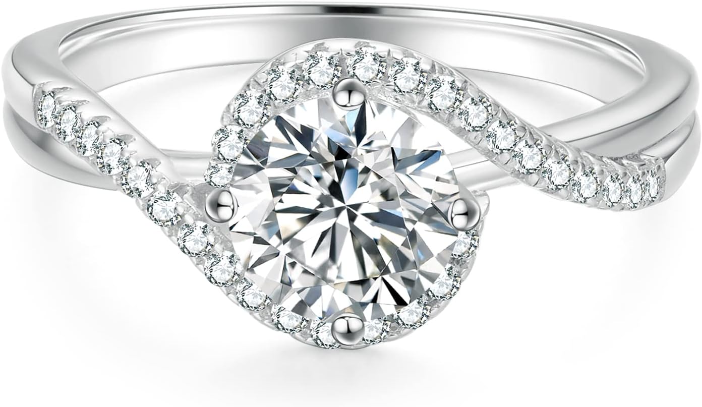 KRKC Moissanite Rings for Women, 0.5/1/1.5/2 CT Lab Created Moissanite Engagement Rings, D Color VVS1 Clarity Brilliant Round Cut, White Gold-Plated S925 for Wedding, Promise, Mothers Day Gifts