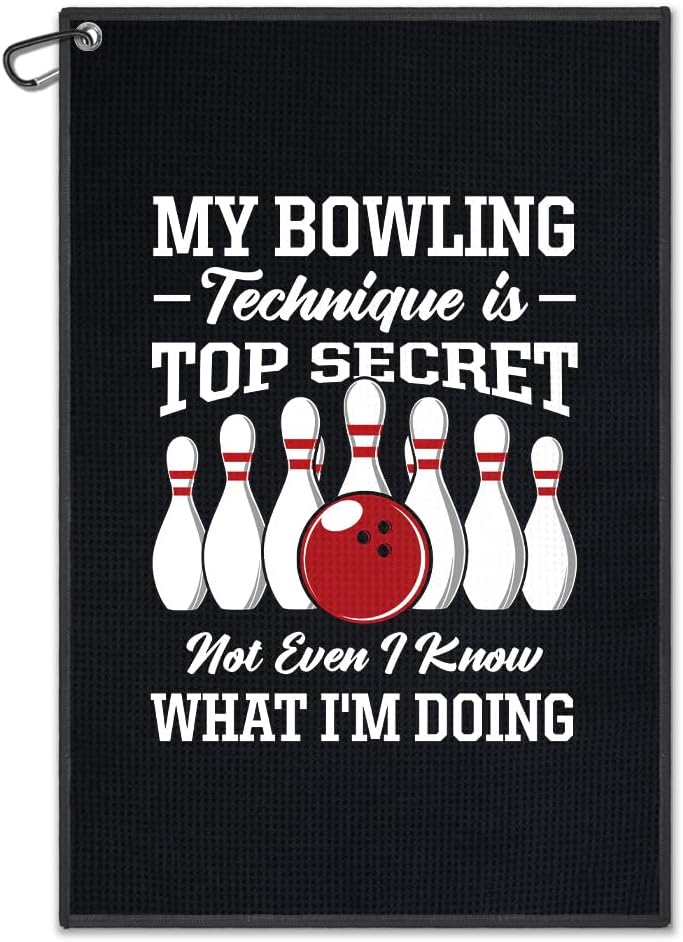 My Bowling Technique is Top Secret Towel, Funny Retro Bowler Towel with Clip, Bowling Accessories for Men Women, Bowler Gifts for Grandpa Dad Frined Sport Lover, Team Present for Bowl Player
