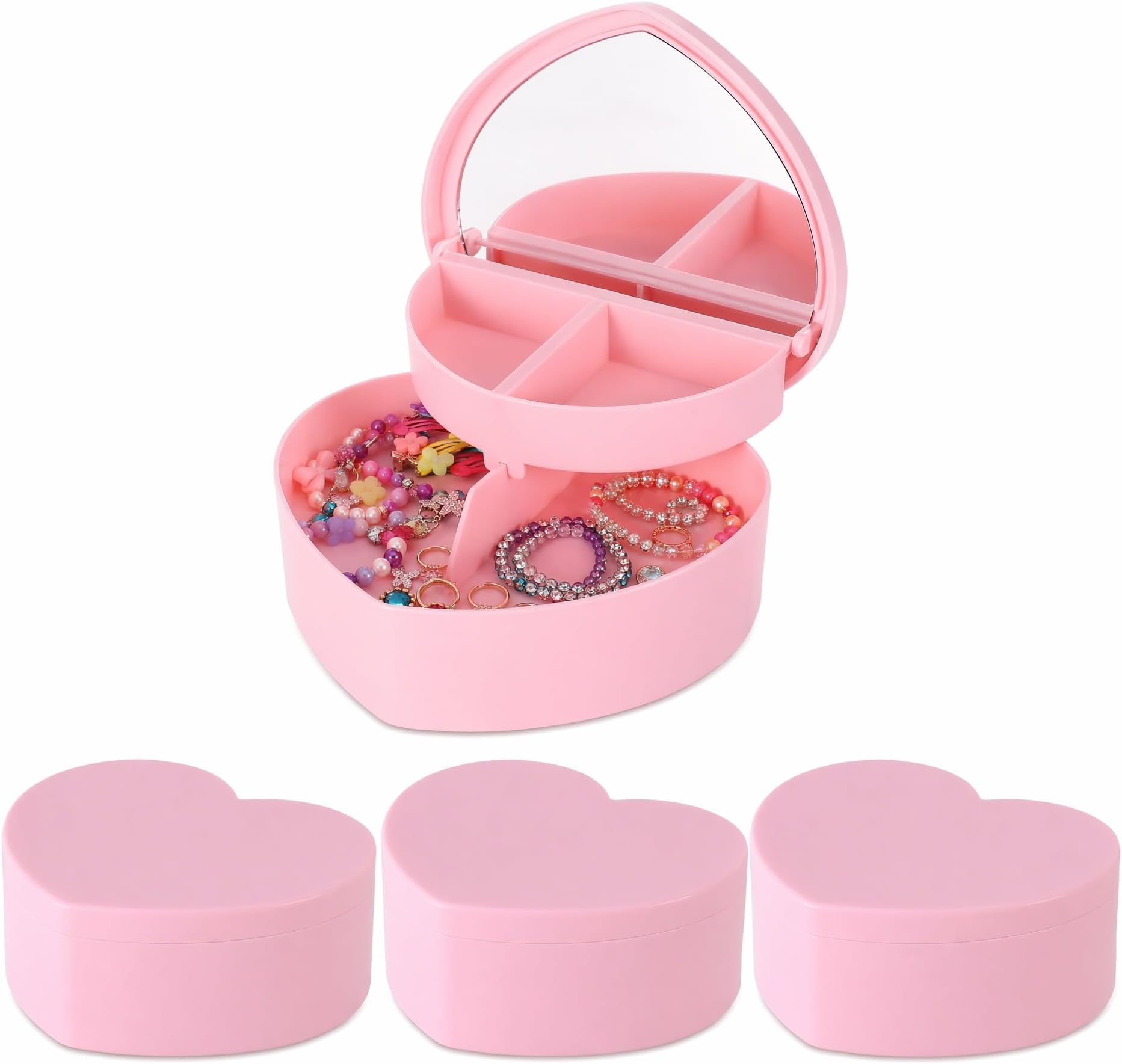 Cabilock 4 PCS Heart Shape Double Layer Jewelry Box with Mirror, Portable Jewelry Organizer Case for Earrings Rings Necklaces Desk Topper Organizer, Children's Day Treats, Pink
