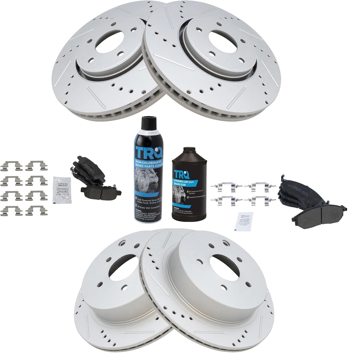 TRQ Front & Rear Brake Pad & Rotor Kit Premium G-Coated Semi-Metallic Performance Slotted X Drilled Compatible with 2005-2012 INFINITI FX35 2013 FX37 2005-2008 FX45 2014 QX70