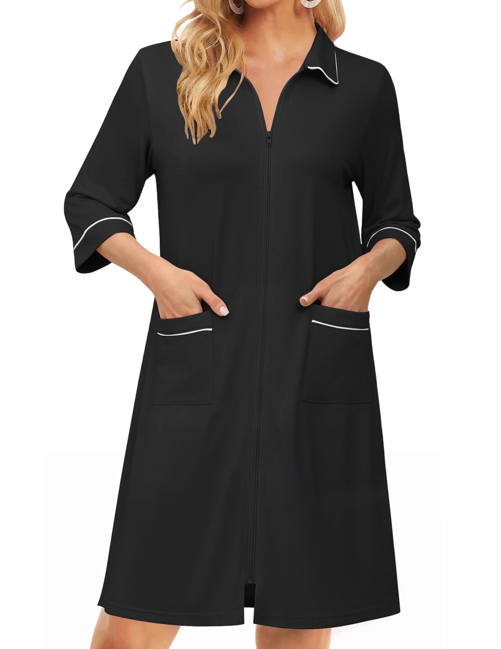 Ekouaer Zipper Robes for Women 3 4 Sleeve Housecoats Knee Length Bathrobe Lightweight Nightgown with Pockets S-3XL