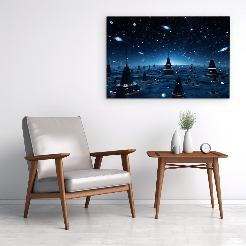 Canvas for Living room. Stargazing in the City of Pyramids: A Nighttime Odyssey Through an Alien Metropolis, 27 x 18 inch Canvas Wall Art - Modern Home Decor