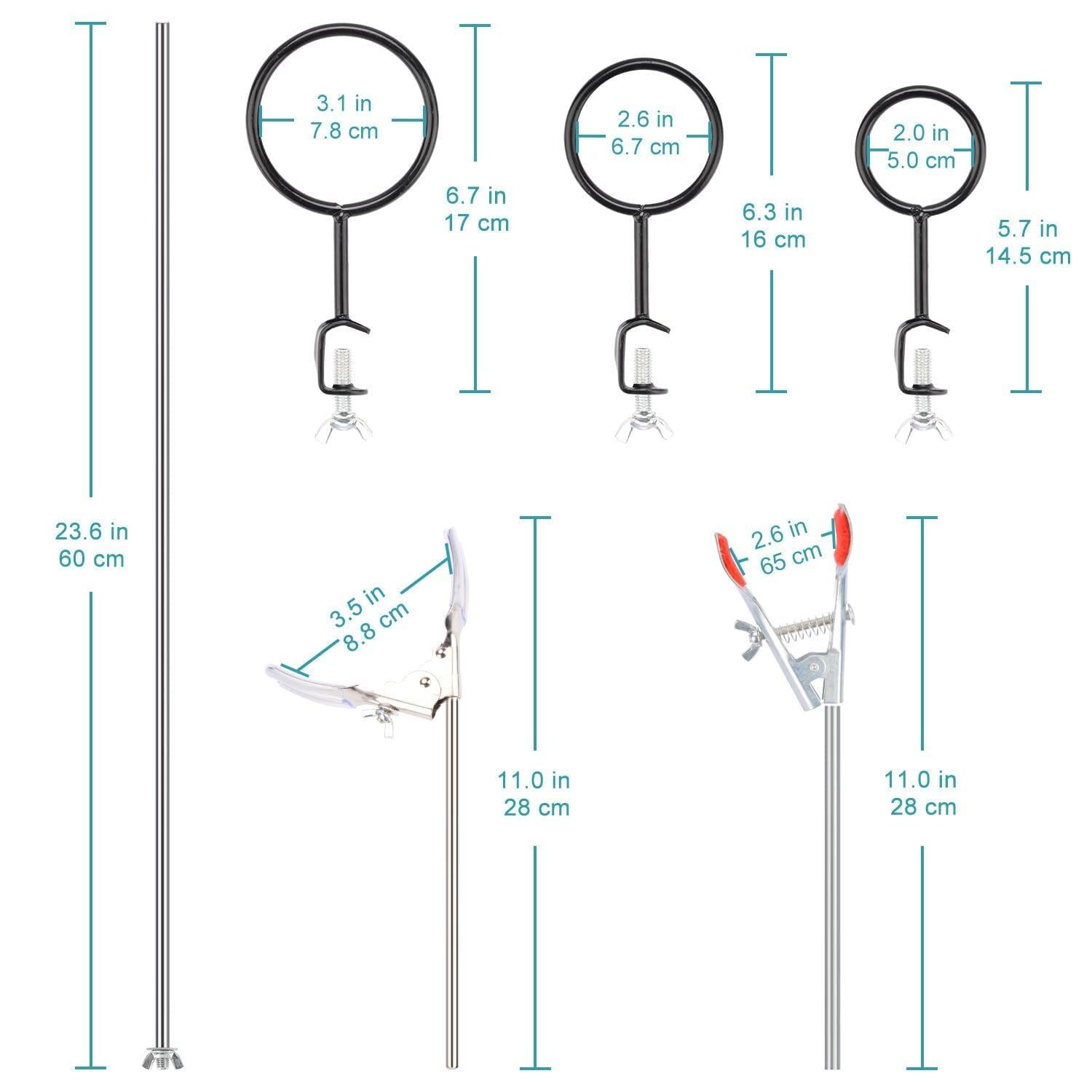 Laborstativ-Set mit 60 cm Stab, 3 Stativringen, 2 Kolbenklemmen, 2 Muffenklemmen, Metallständer für Laborzwecke