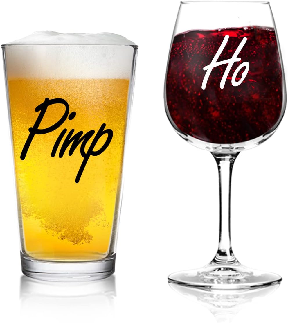 DU VINO Pimp & Ho- Beer and Wine Glass Gift Set of 2 | Fun Novelty His and Hers or Husband Wife Drinkware | Couple, Newlywed | Wedding or Favorite Couples Gag Gift | USA Made
