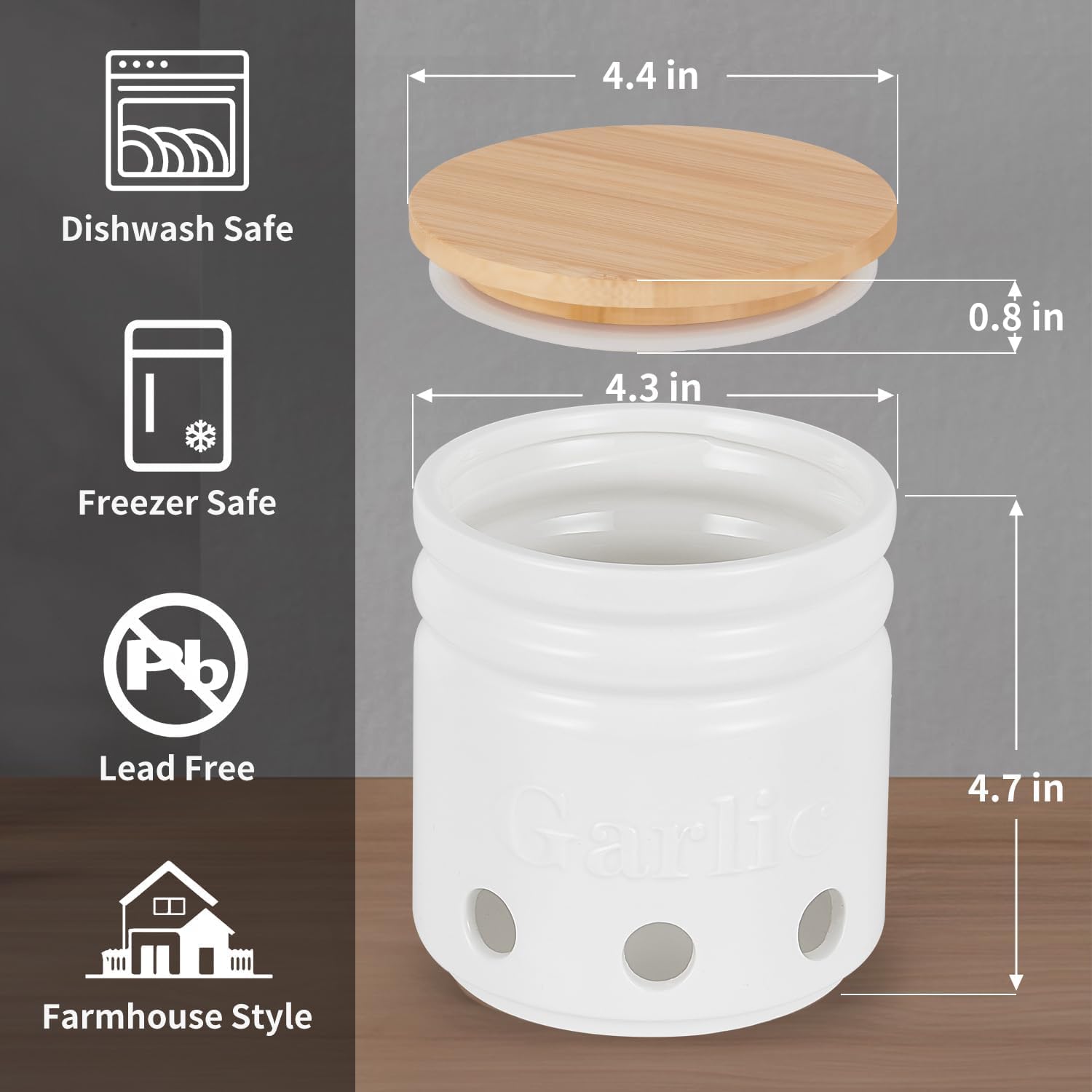 Garlic Keeper for Counter - Holder with Bamboo Lid, Container to Keep Your Garlic Cloves Fresh Longer,Large Ceramic Storage for Kitchen