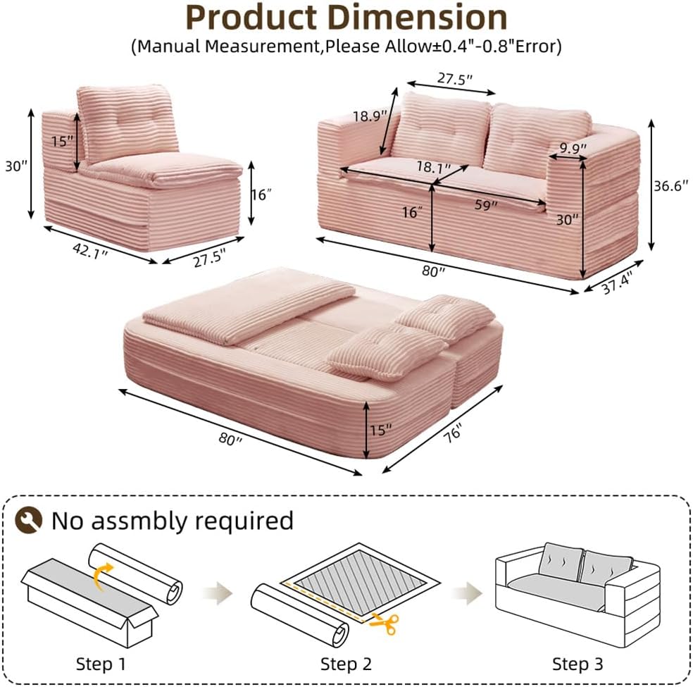 80" King Size Convertible Sectional Sofa Bed, 3-in-1 Folding Floor Couch with Convertible Chaise Lounge, Plush Corduroy Sleeper Sofa for Living Room and Bedroom, No Assembly Required (Pink)