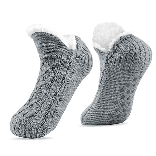 AWAVM Women's Fluffy & Warm Fleece Lined Anti-Slip Slipper Socks for Women, Men & Girls - Soft, Thick Christmas Floor Socks - Grey