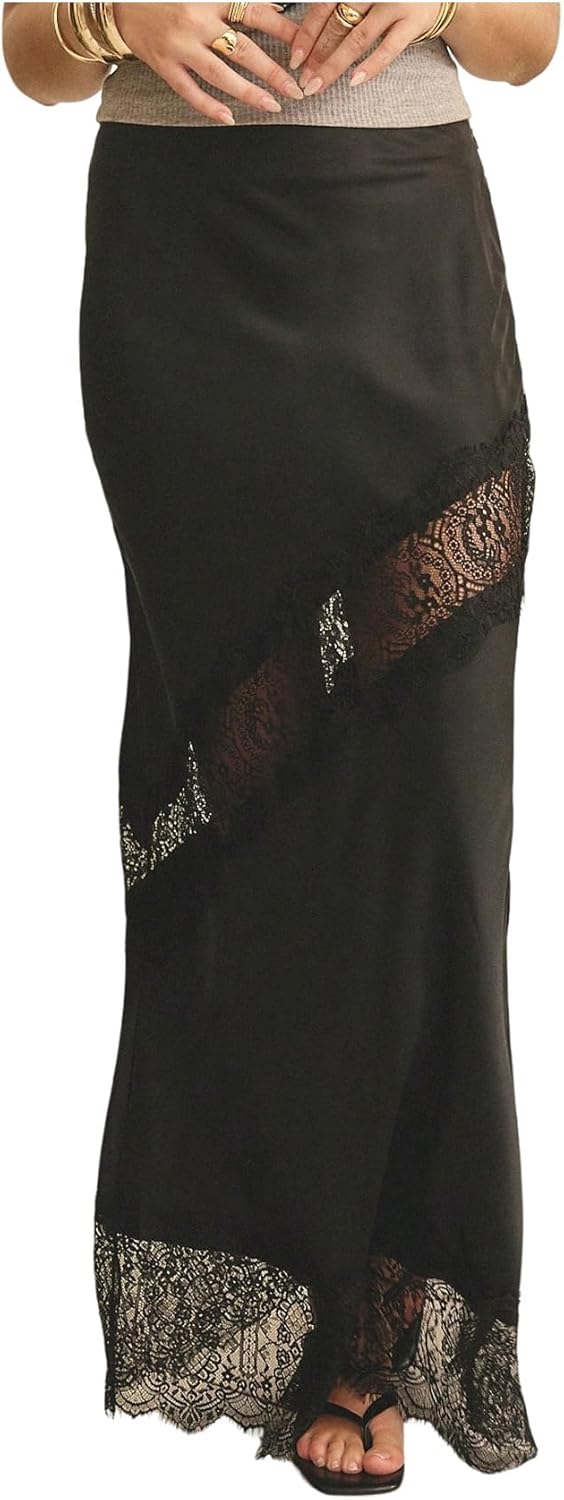 MakeMeChic Women's Summer Y2K Floral Lace Satin Long Skirt Cut Out Low Waisted Maxi Skirts