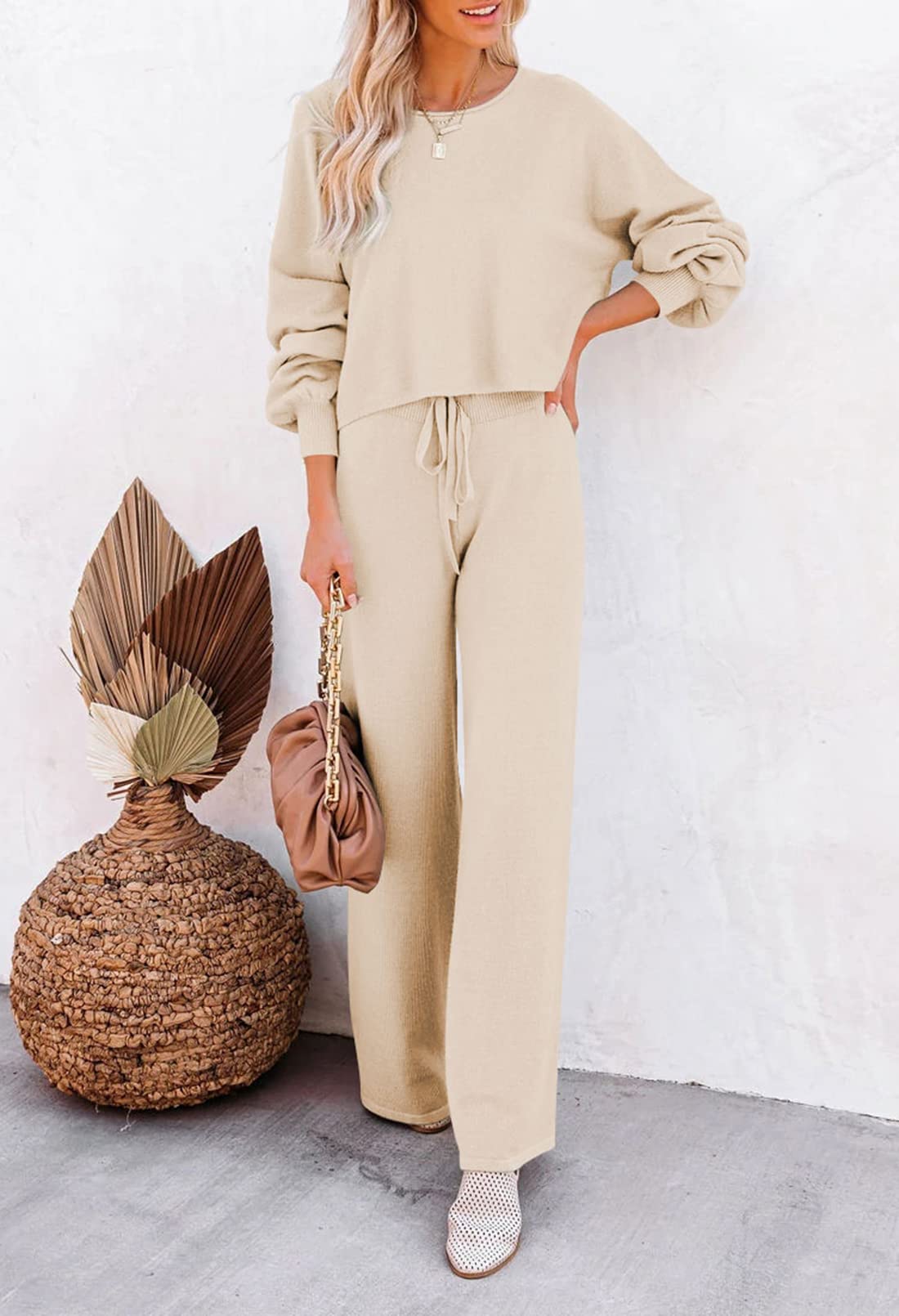 Sovoyontee Damen 2-Teiliges Set Loungewear Langarm Kurz Top Weitem Hose Pullover