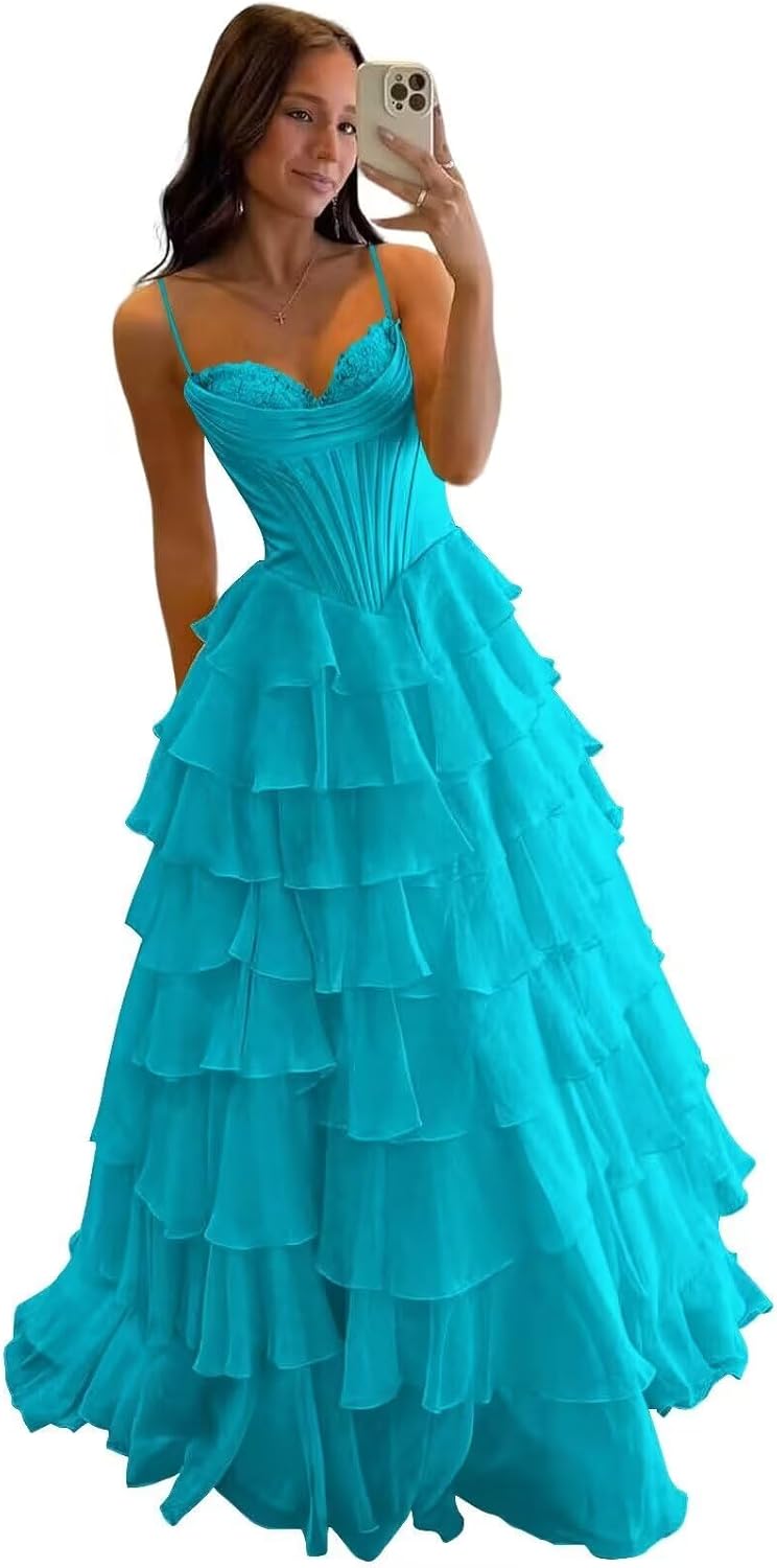 Spaghetti Straps Prom Dresses for Women Corset Tiered Ruffle Floral Chiffon V Neck Formal Evening Party Gowns with Slit