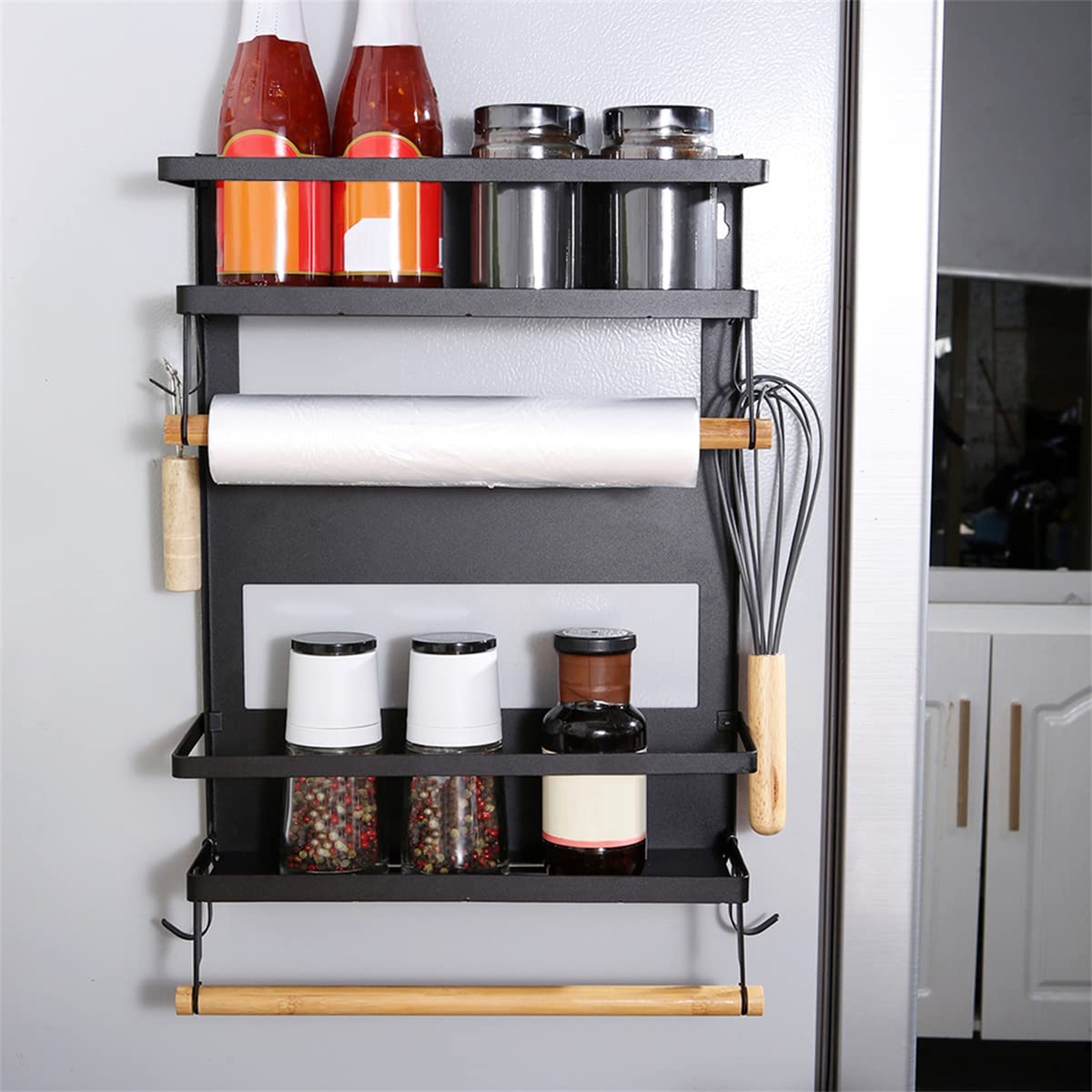 Étagère à Épices Magnétique Pliable Organisateur de Rangement pour Réfrigérateur Étagère Latérale Porte-Serviettes en Papier à Rouleau Étagère de Cuisine (2 Tier)