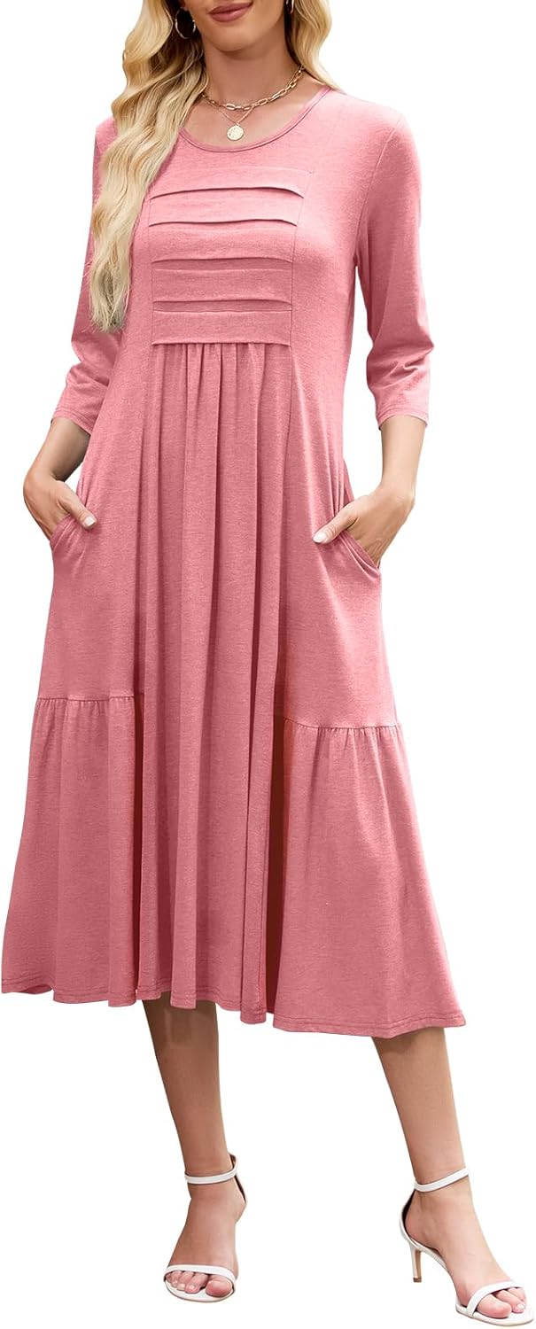 Womens 2025 Casual Midi Dress Fall A Line Pleated Flowy 3/4 Sleeve T Shirt Beach Travel Dresses with Pockets
