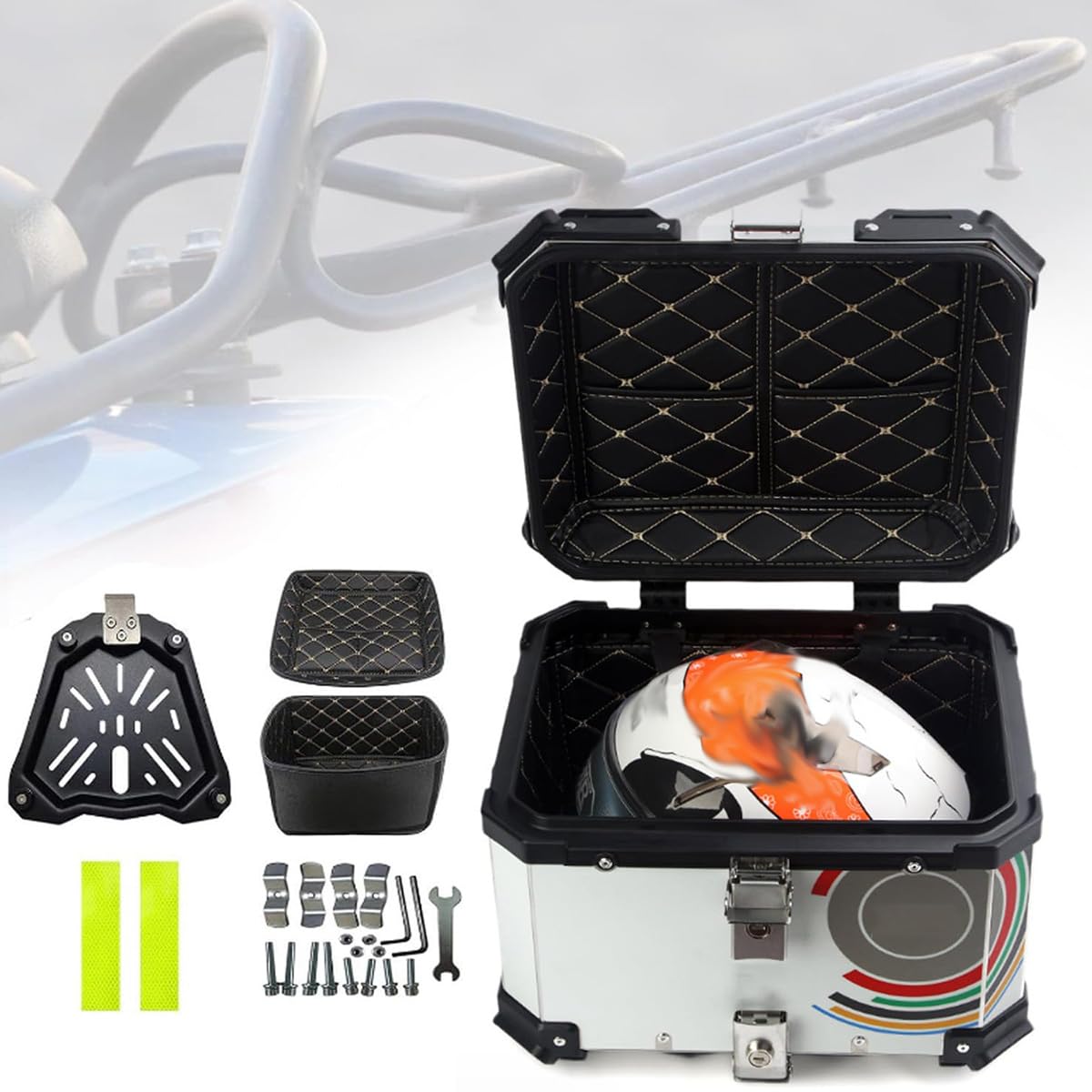 Coffre supérieur étanche pour moto 65L rangement universel blanc avec fermeture sécurisée
