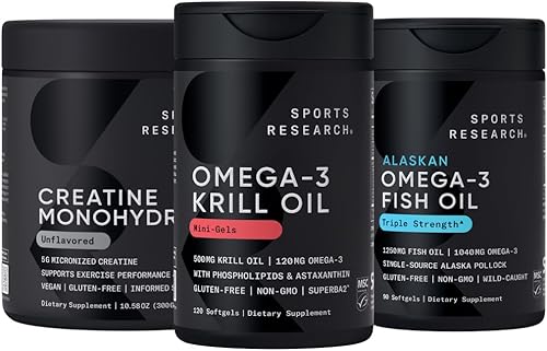 Sports Research® Creatine Monohydrate Enhanced by The Omega Power House Antarctic Krill & Fish Oil with Triple Strength EPA DHA and Phospholipids, Choline & Astaxanthin - Fit for Champions