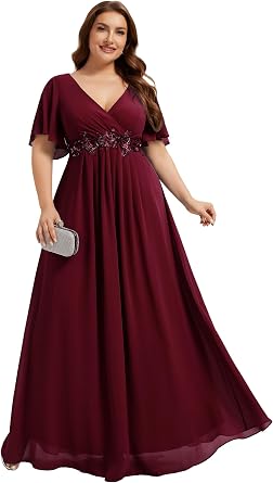 Ever-Pretty Plus Size Formal Dresses for Curvy Women Chiffon V Neck Mother of The Bride Dress Short Sleeves Evening Gowns