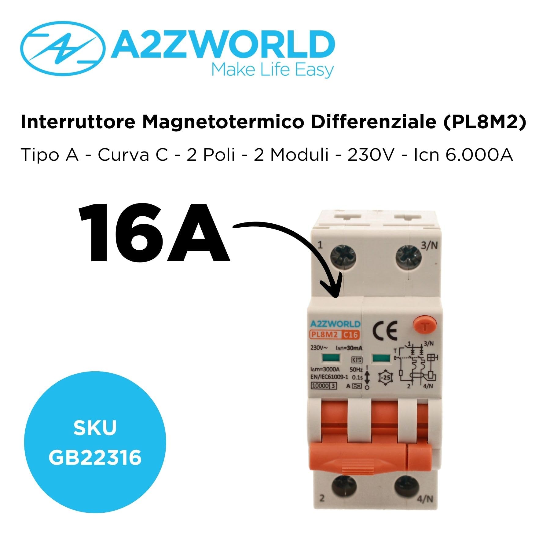 Interruttore Differenziale Magnetotermico Tipo A 16A C16, Bipolare 2P Veri (NO 1P+N), Curva C 6kA 30mA, Doppio Leva con Diagnostica Visiva, 2 Moduli DIN, Serie PL8M2