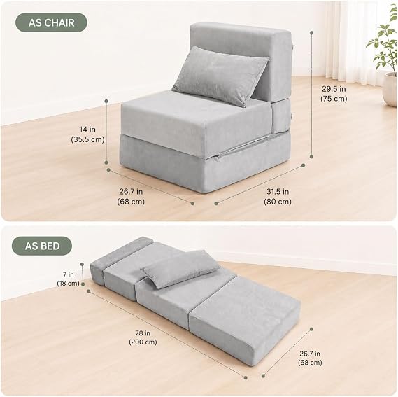 Folding Sofa Bed, Convertible Sleeper Chair, No Assembly (Grey) | Boneless Sofa Couch, Foldable Mattress & Back Support, Portable Floor Lounger Futon for Small Apartment, Dorm, Guest Room
