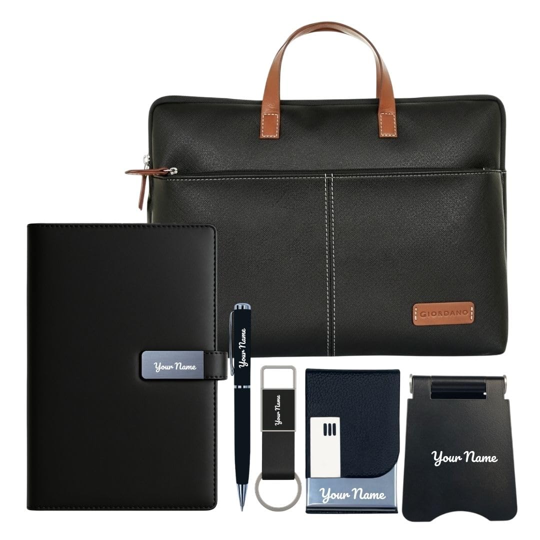 Giftana 6 in 1 Laptop Bag with Personalized Diary and Pen, Keychain, Card Holder, Mobile Stand with Name, Customized Gift for Husband, Father, Employee Welcome Kit, Corporate Gift for Employees (Black)