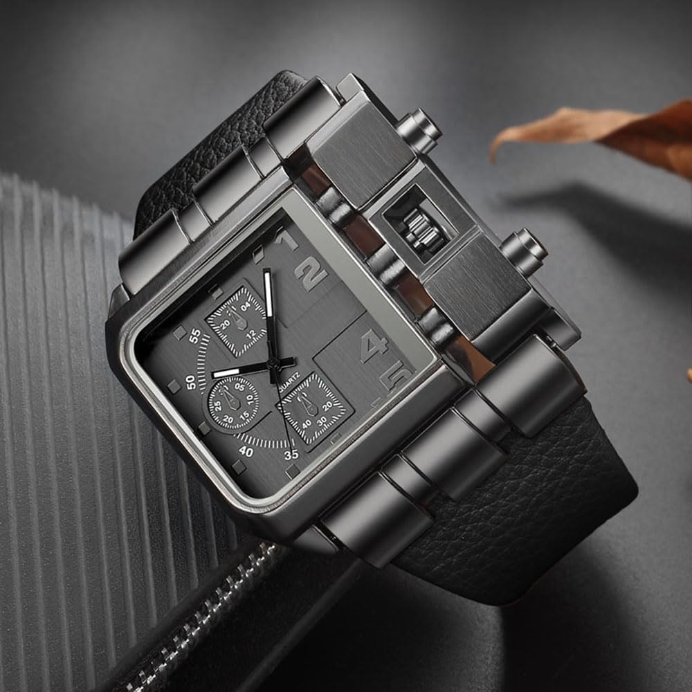 Reginald Hip hop 53MM Men's Large Face Watch for Men Square Novel Face Dial Stainless Steel Quartz Leather Strap Watches