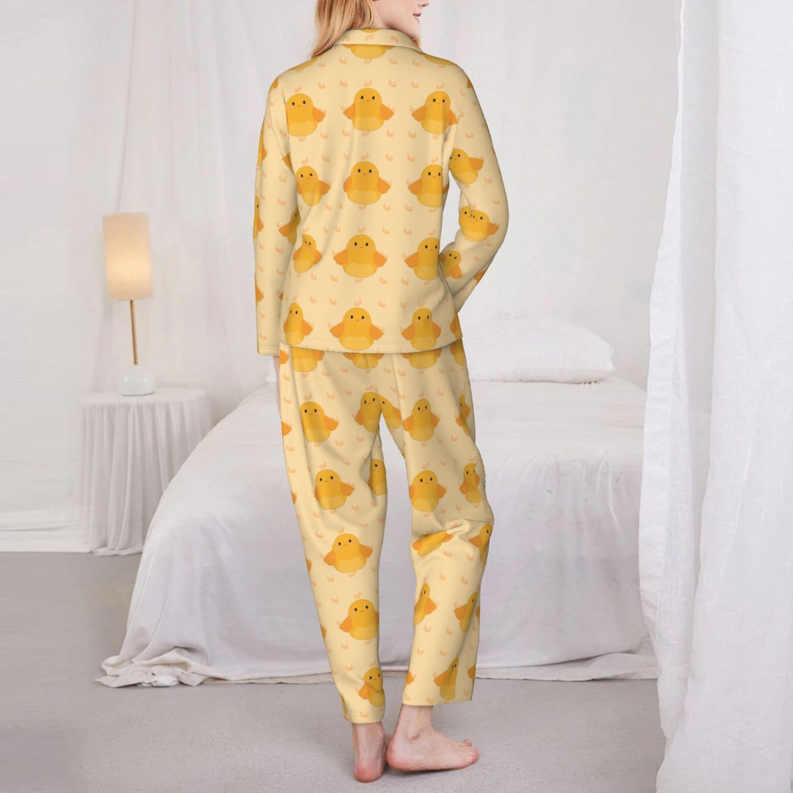 Pigiama da donna a maniche lunghe con stampa pulcino cartone animato a maniche lunghe abbottonato set disponibile in 5 taglie