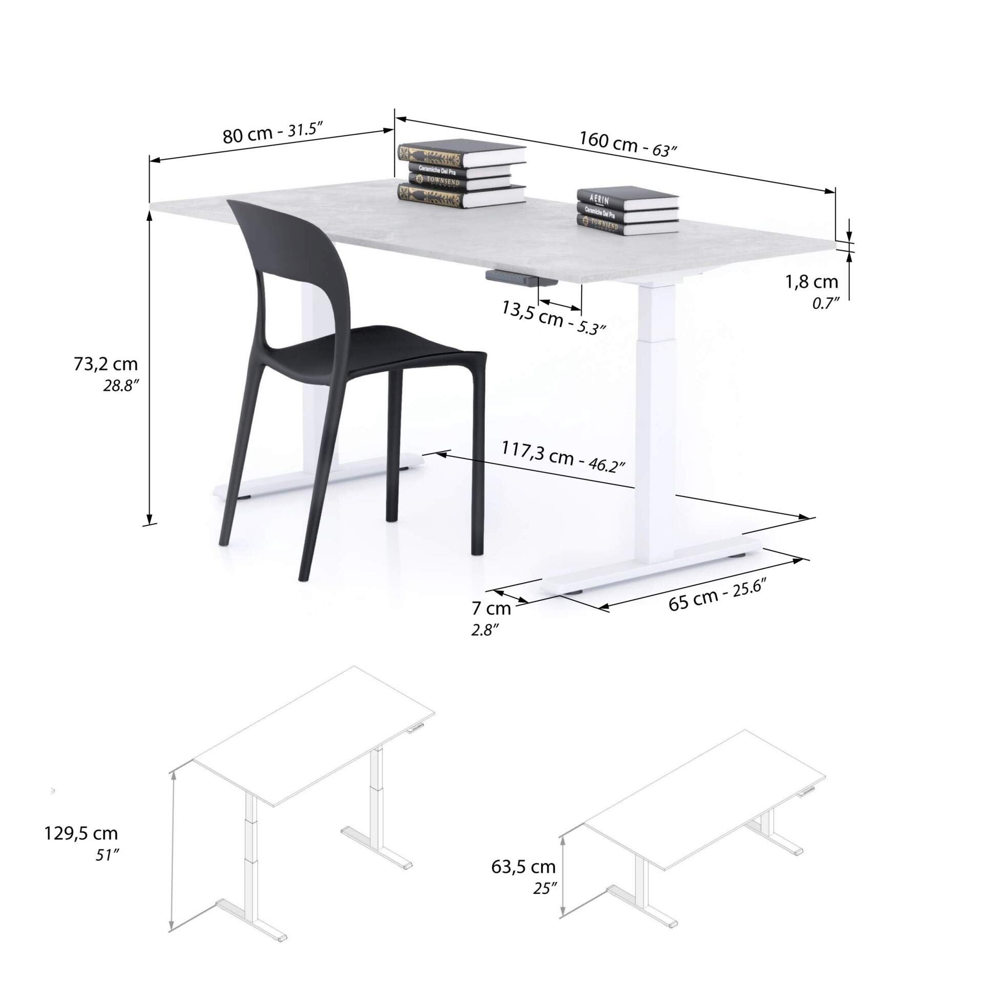 Mobili Fiver, Biurko regulowane Clara 160x80, Szary Beton z białymi nogami, Płyta laminowana/Aluminium/Stal, Nowoczesne biurko do biura