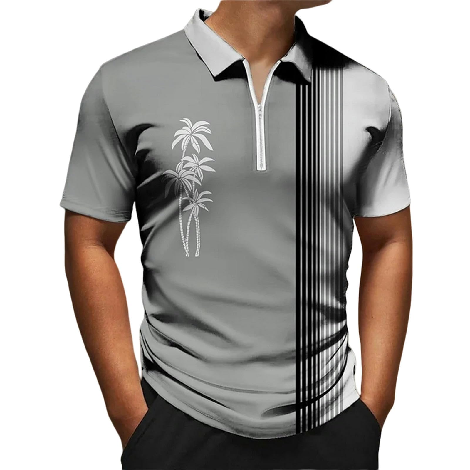 t-Shirt A Righe Uomo Estate Casual Uomo Manica Corta Top Semplice Zip-zh12099-3xl