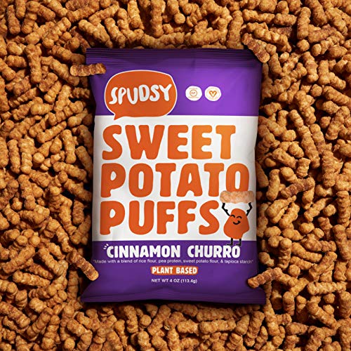 Spudsy Sweet Potato Puffs | Vegan, Gluten Free Snacks | Plant-Based, Allergen-free, Non-GMO, Kosher, Superfood Snack | Cinnamon Churro (8 Pack, 1 oz Bags)