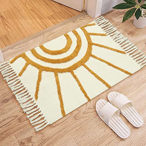 Ojia Boho Bathroom Rug 2'X3', Cotton Washable Kitchen Rugs, Beige Hand Woven Small Rugs With Tassels, Bohemian Tufted Bath Mat Farmhouse Throw Rugs Low Pile Carpet For Bedroom/Laundry/Entry/Doorway #TOP7