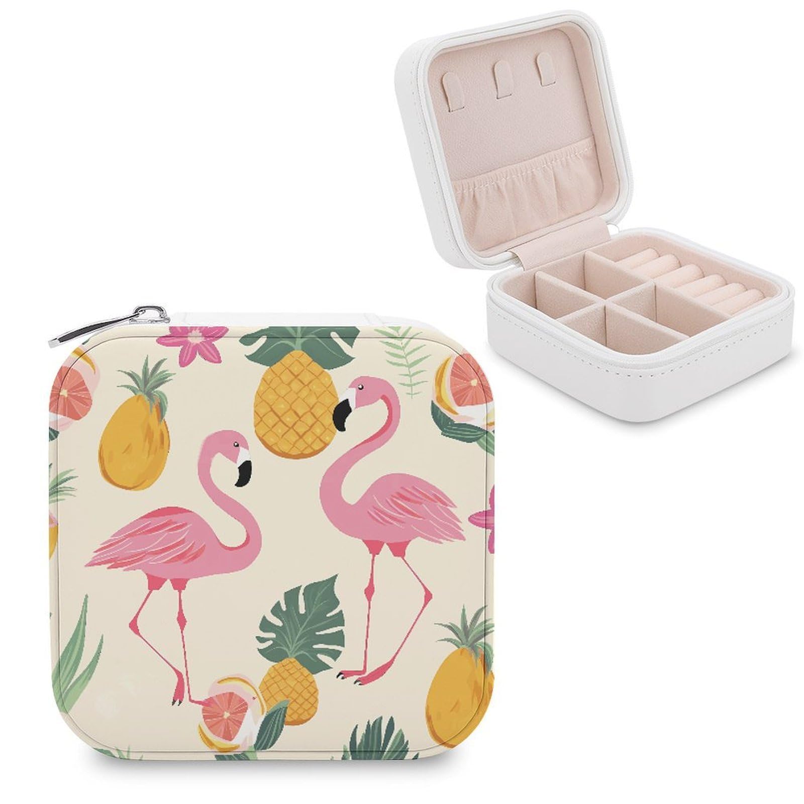 JTREHY Travel Flamingos And Pineapples Jewelry Case Portable Display Storage Box PU Leather Mini Jewelry Travel Case Personalized Travel Jewelry Organizer Small Jewelry Box for Women