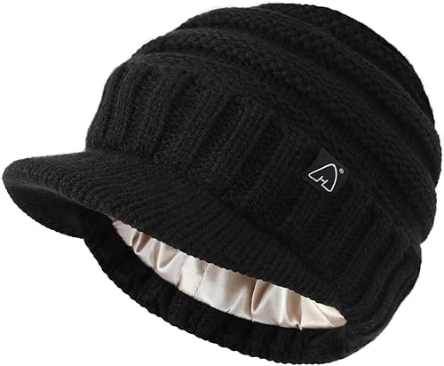 Hat Hut Gorros de invierno para mujeres y hombres, con forro de satén, gorro de invierno para mujer, gorro con visera de ala
