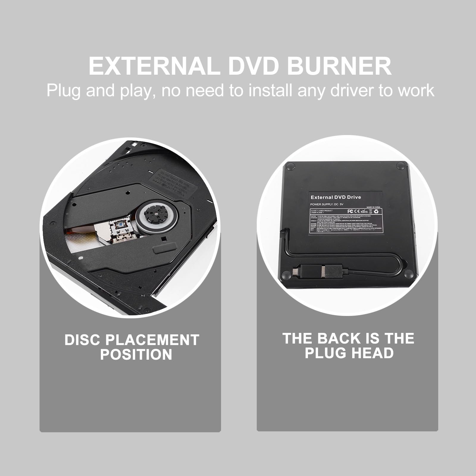 Angoily Lecteur DVD Externe USB-c USB 3.0 pour Ordinateur, Noir